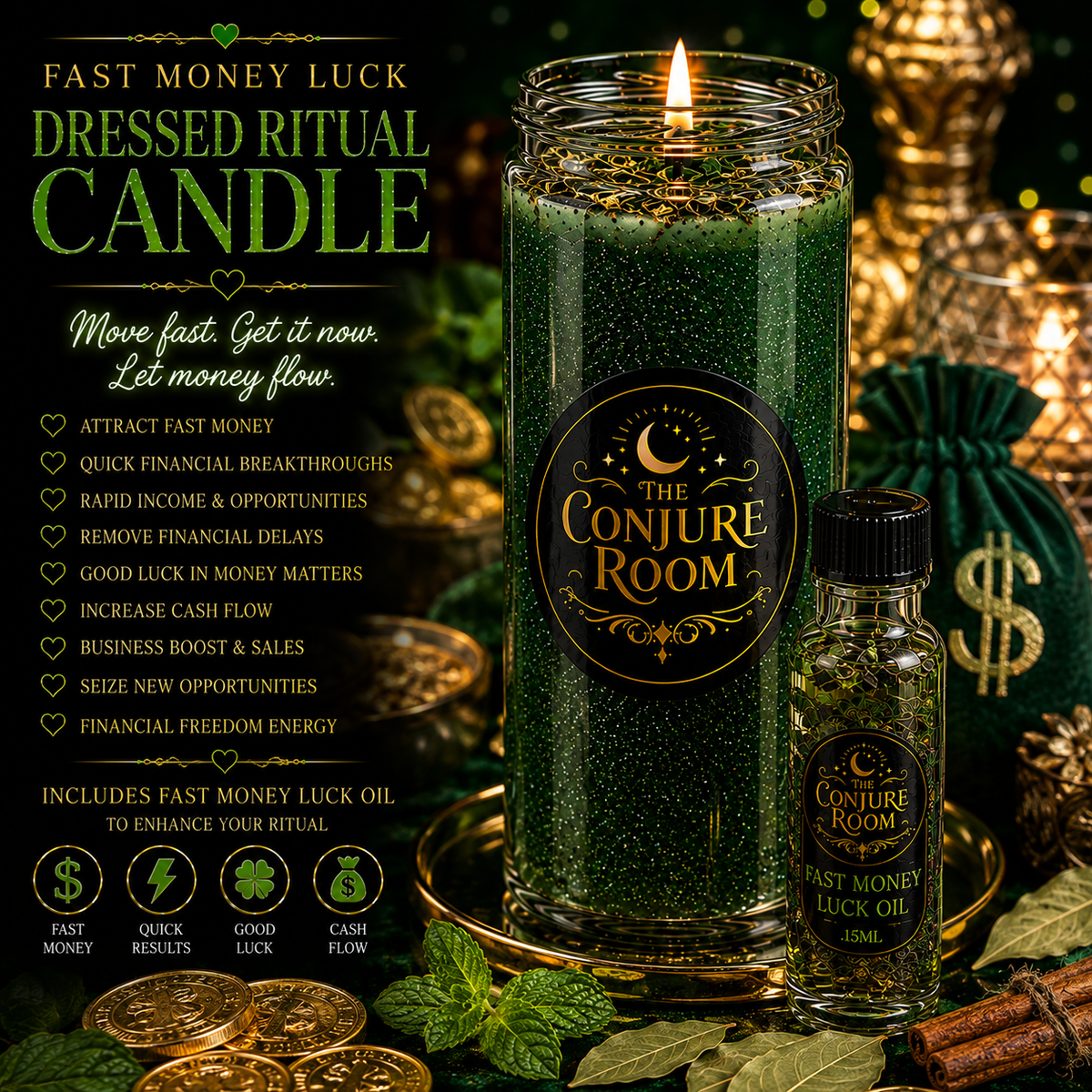 Fast Money Luck: Quick Cash & Opportunity Dressed Ritual Candle