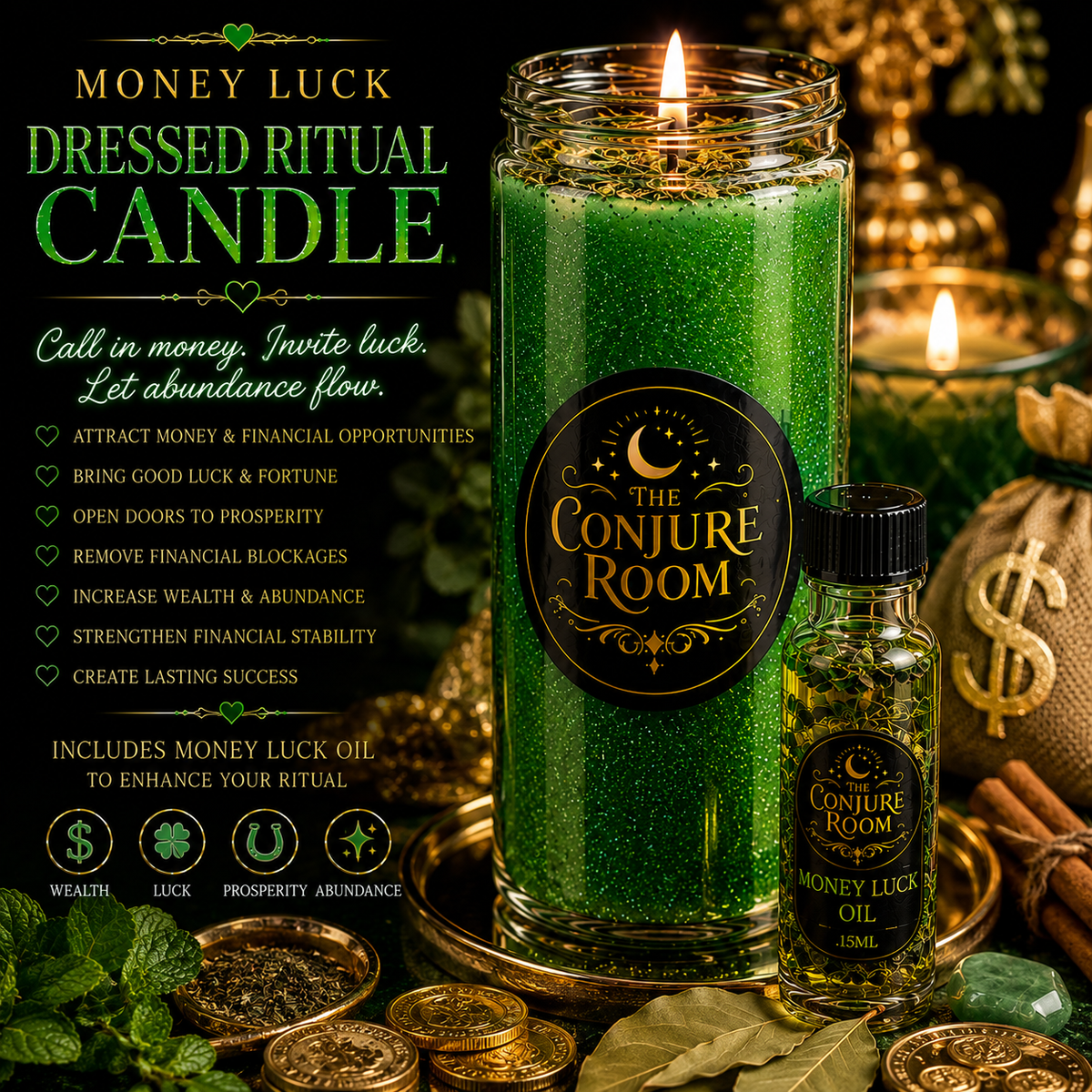 Money Luck: Wealth & Fortune Dressed Ritual Candle